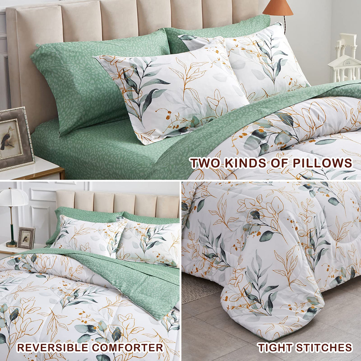 6 Piece Bed in a Bag Twin, Green Leaves Printed on White Botanical Design