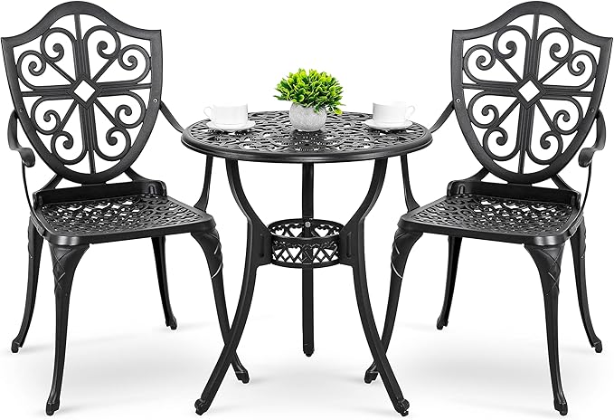 Bistro Set 3 Piece Outdoor, Cast Aluminum Patio Bistro Sets with Umbrella Hole