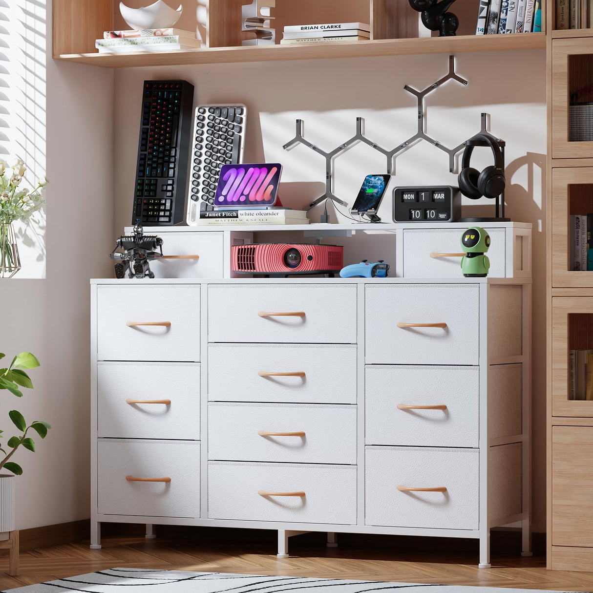 White Dresser with LED Lights & Charging Station,47" Long Dresser