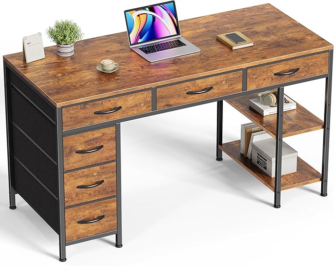 Computer Desk with 6 Drawers, 54 Inch Office Desk with Shelves, Reversible Gaming Desk