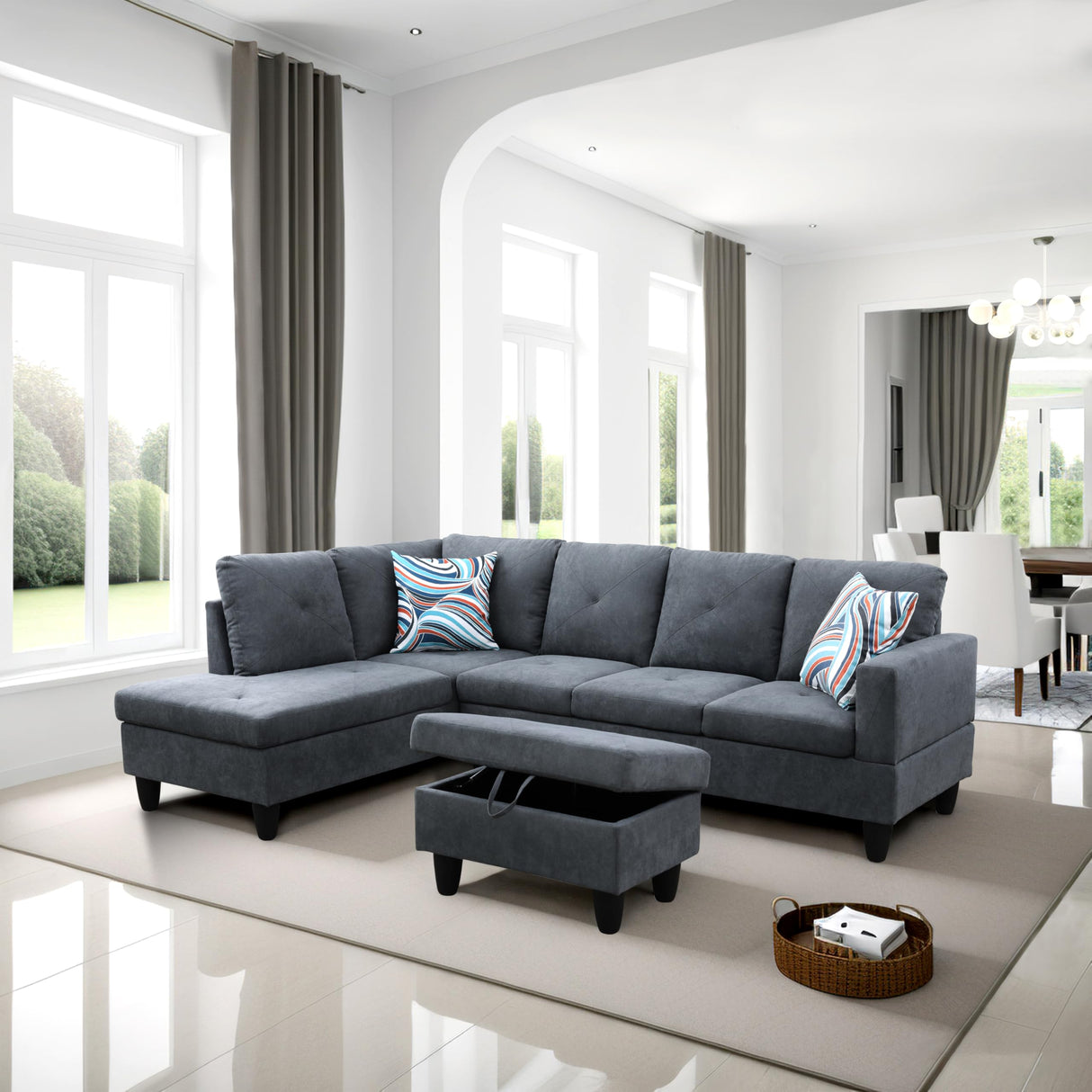 Linen L Shaped Sectional Couches with Storage Ottoman,3-Piece Living Room Sofa Set