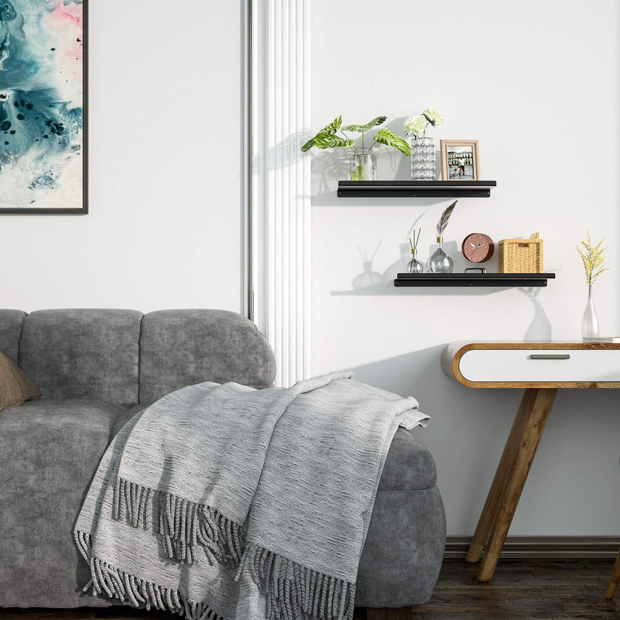 Black Metal Wall Shelves, 2 Set Floating Shelves for Bedroom, Living Room, Bathroom