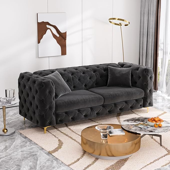 75 Inch Sofa Couch Modern Upholstered Couch Tufted Velvet Sofa High Arm and Metal