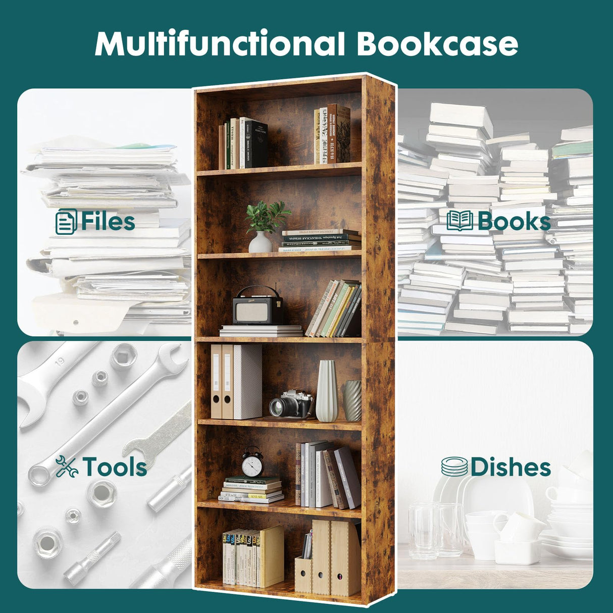 SMUG 6 Shelf Bookcase Open Industrial Bookshelf Large Storage Floor Standing 63 Inch Tall Bookcase for Home Office, Living Room, Bed Room, Rust