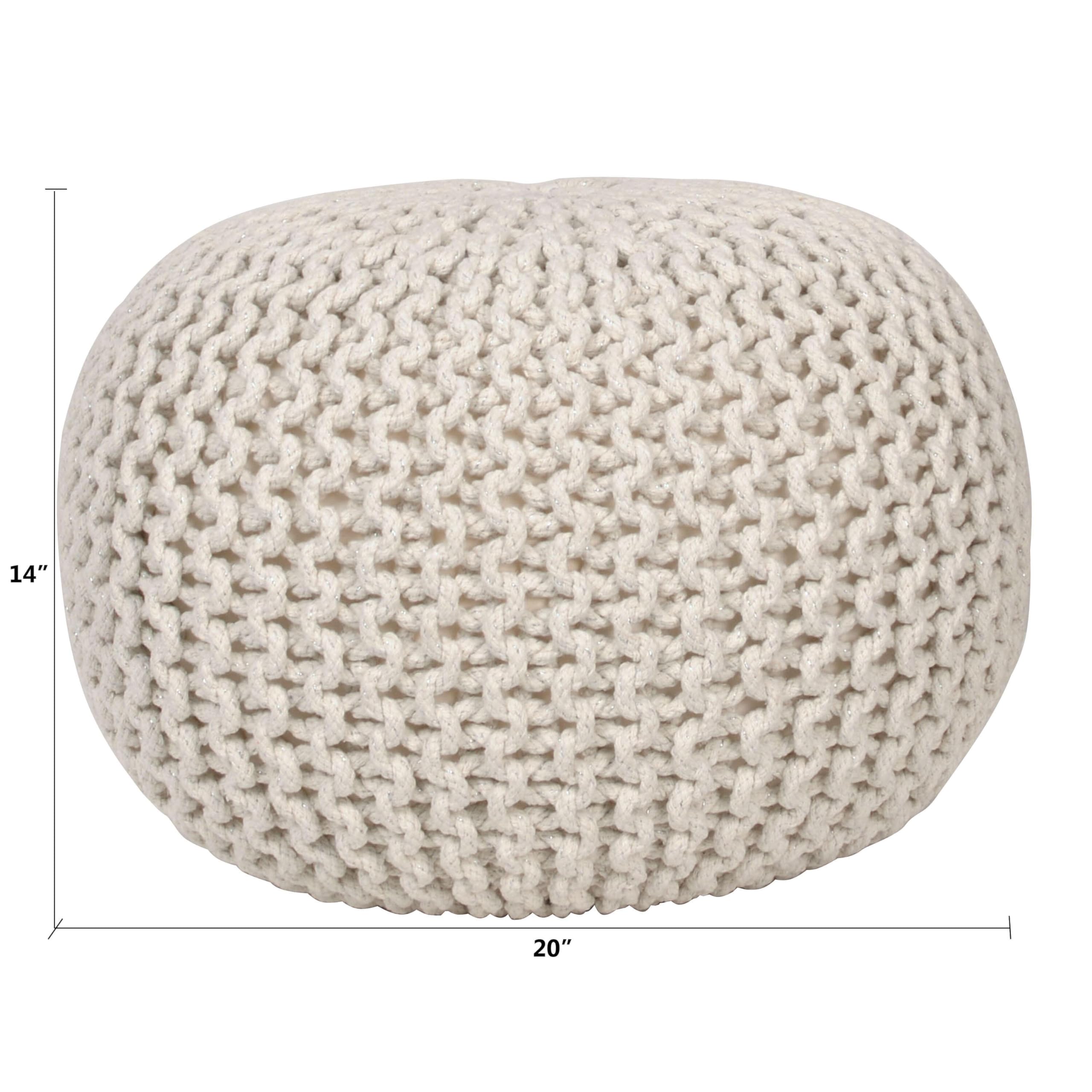 Lola Round Knit Lurex Yarn and Cotton Pouf, Off-White 20x20x14