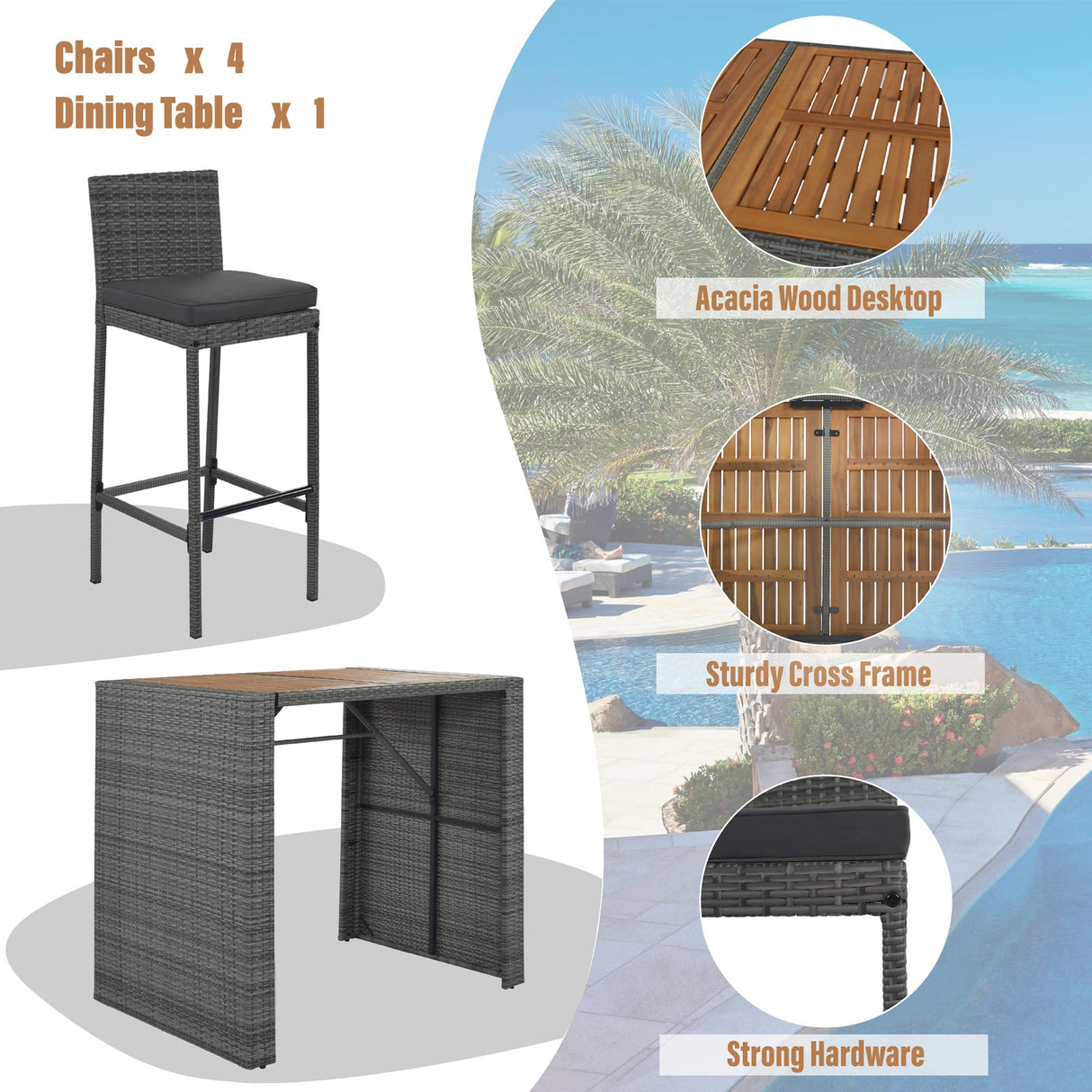 5 Piece Patio Wicker Bar Set, 4 Bar Height Chairs With Non-Slip Feet And Fixed Rope, Outdoor Garden PE Rattan Wicker Bar Set, Modern Patio Dining Set, Acacia Wood Table Top, Brown Wood And Gray Wicker