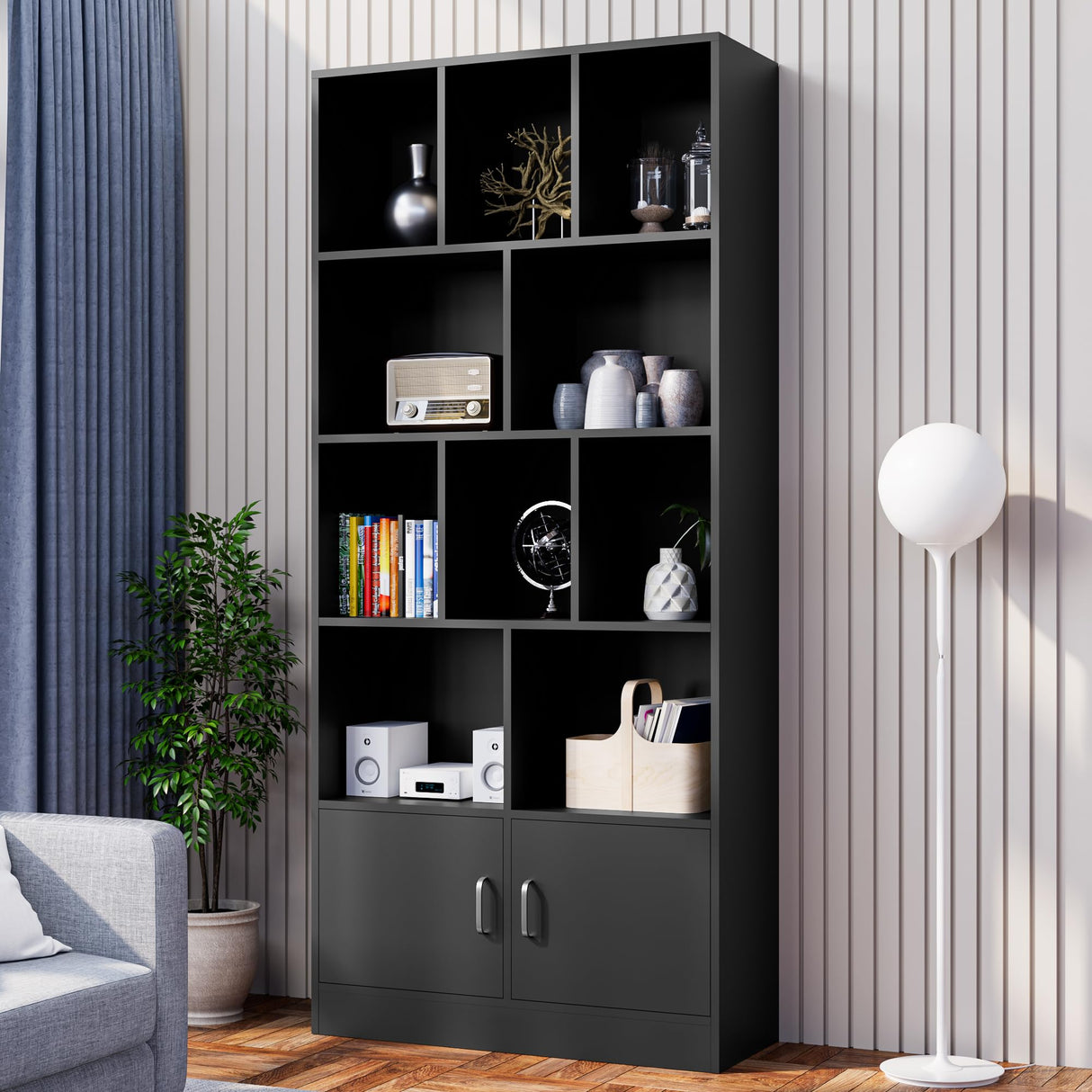 Cozy Castle 70" Tall Black Bookshelf with 12 Cubes and 2 Doors, 4-Tier Open Shelf Bookcase with Cabinet, Modern Cube Storage Organizer for Living Room, and Office