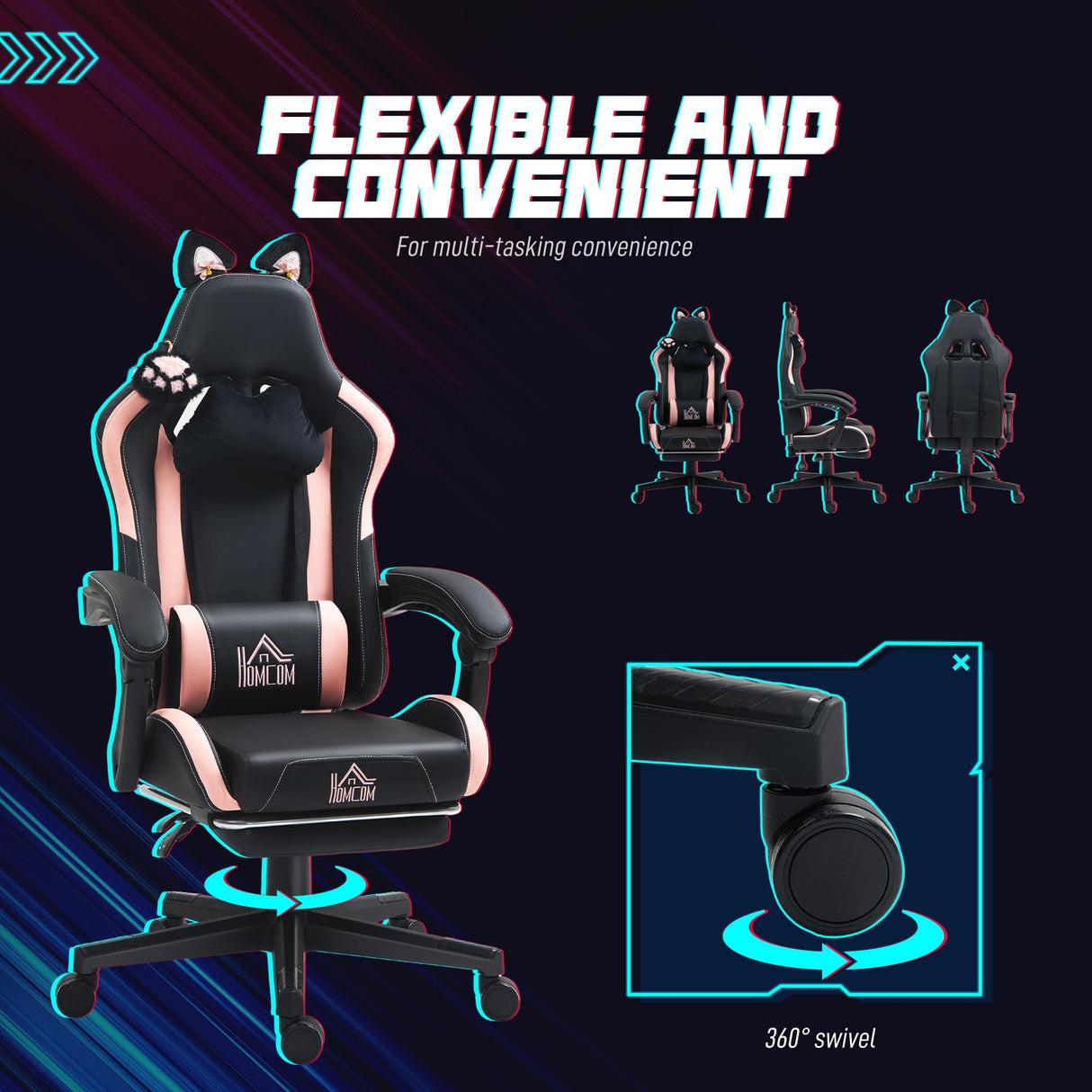 Racing Gaming Chair with Cat Ears - Reclining Computer Chair with Footrest