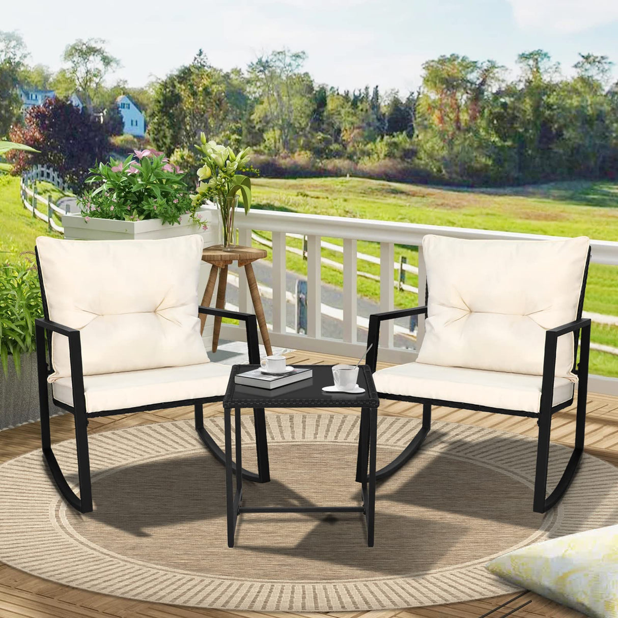 3 Piece Outdoor Rocking Bistro Set Black Wicker Furniture Porch Chairs Conversation Sets with Glass Coffee Table, Beige