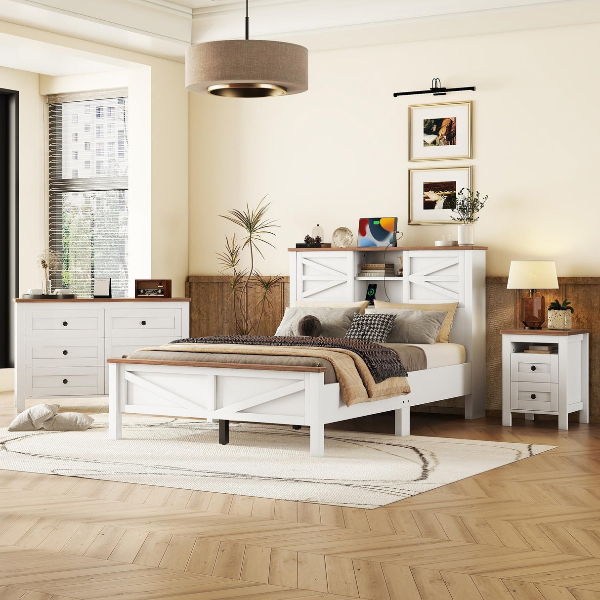 3-Pieces Bedroom Sets, Farmhouse Platform Bed, Storage Nightstand