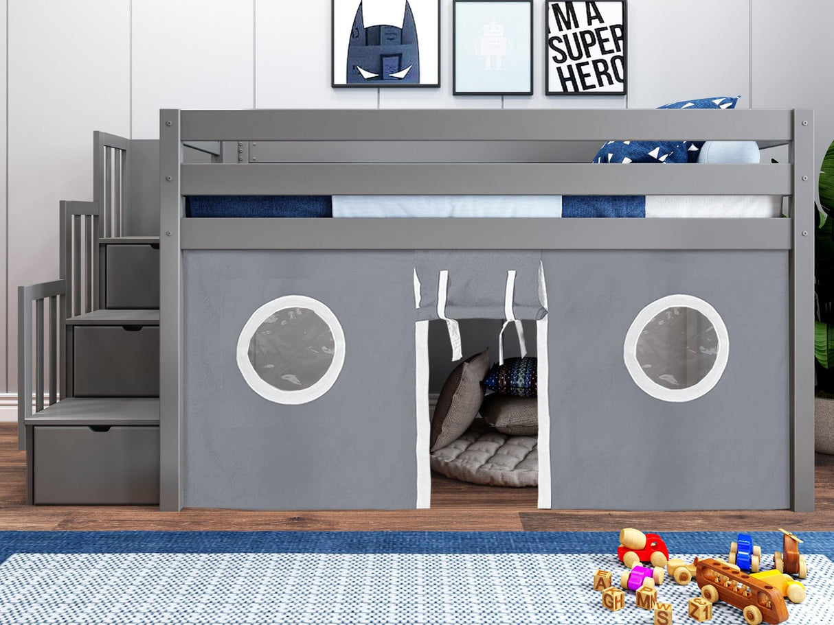 Contemporary Low Loft Twin Bed with a 3 Drawer Stairway, Gray with Gray & White Tent