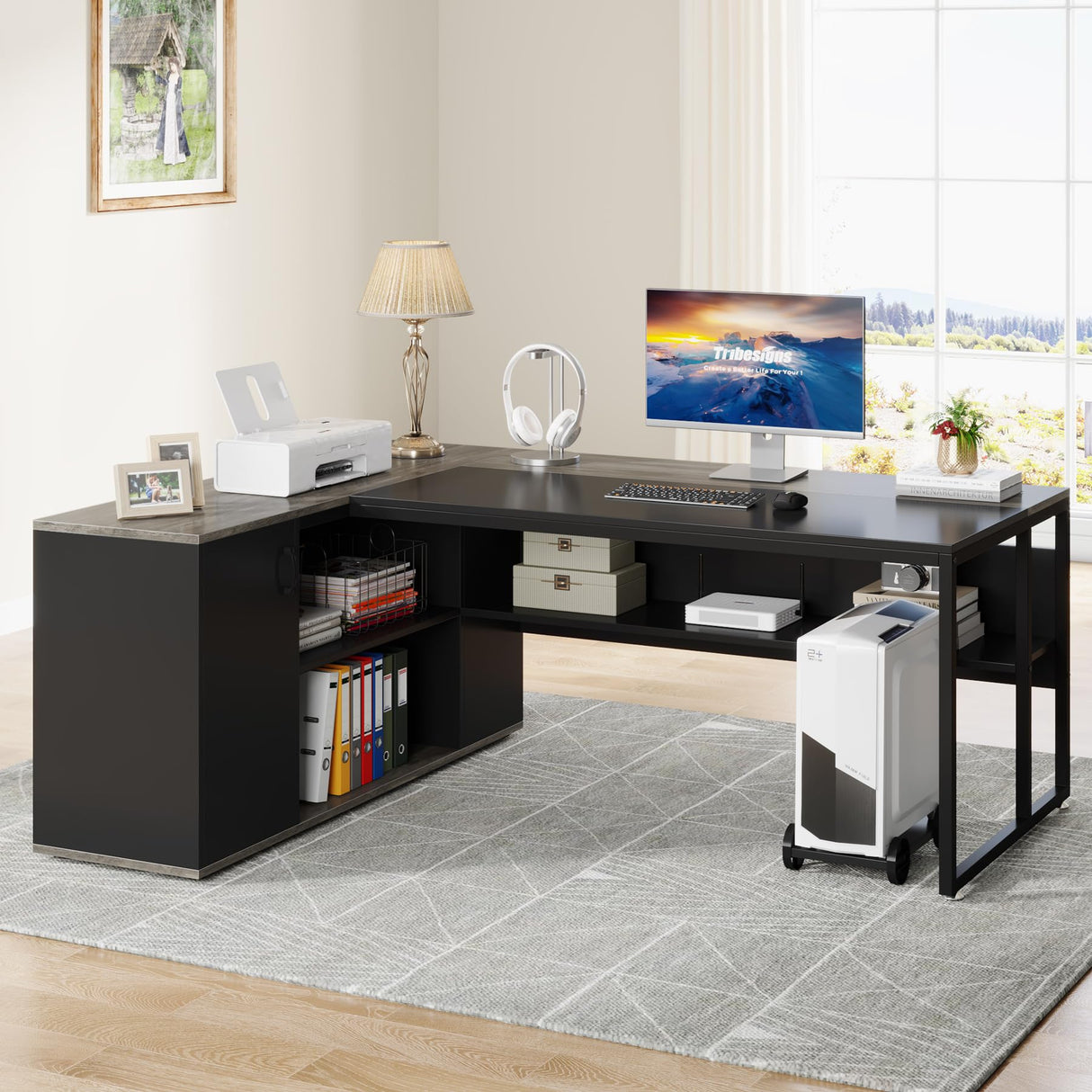 Large Executive Desk with File Cabinet, 71 inch L Shaped Computer Desk Office Desk
