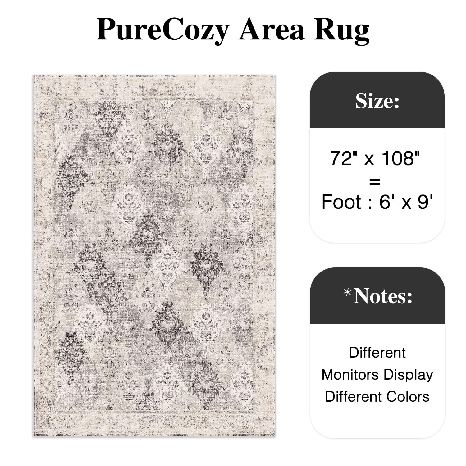 Grey Area Rug 6x9 Washable Living Room Rug Large Non Slip