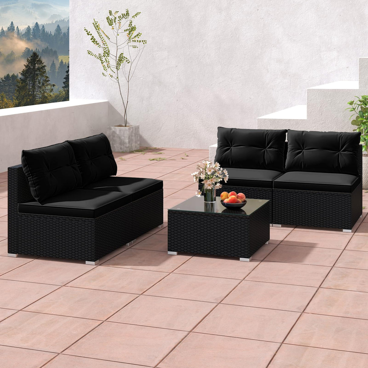 5-Piece Outdoor Patio Furniture Set, Rattan Sectional Sofa Set w/Glass-Top Coffee Table