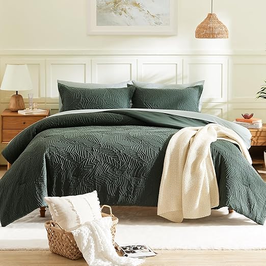 Twin Comforter Set, Bed in a Bag Sage Green 5-Pieces, Botanical Pattern