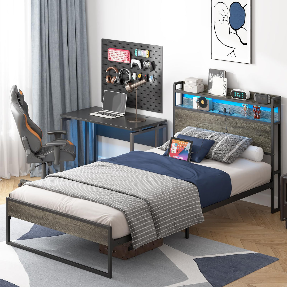 Twin Bed Frames with Charging Station and LED Lights, Metal Bed Frame