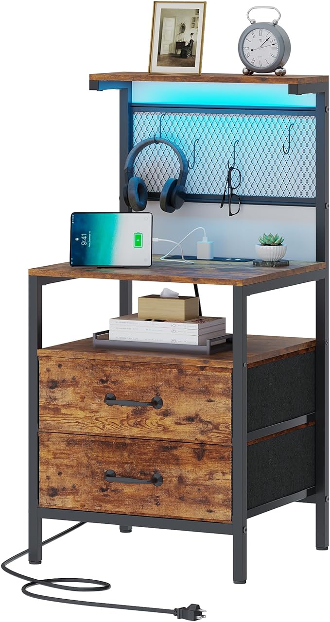 Nightstand with Charging Station and LED Lights, Night Stand