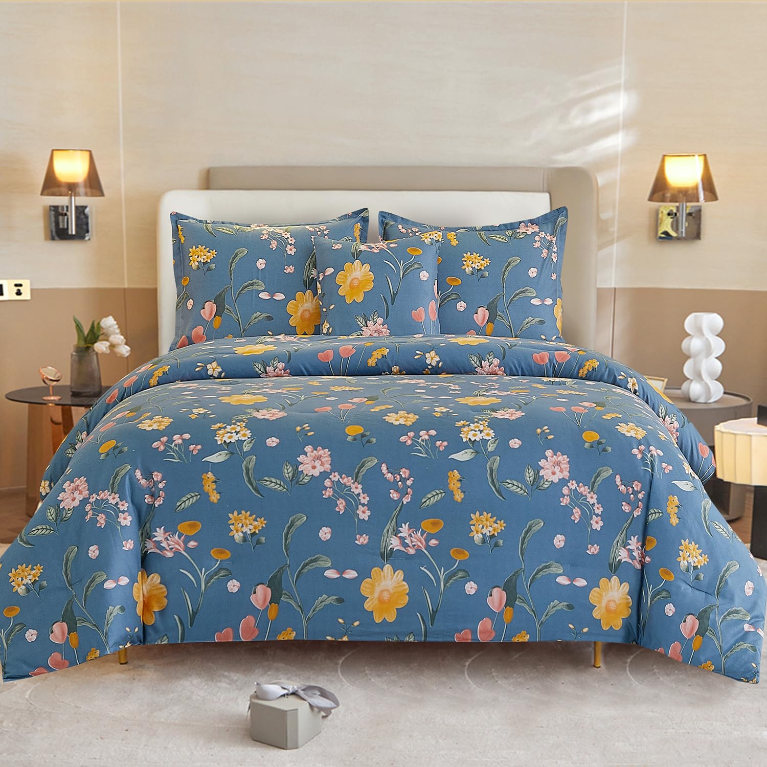 Blue King Comforter Set, Lightweight Elegant Flower Bed Set Comforter for All Season