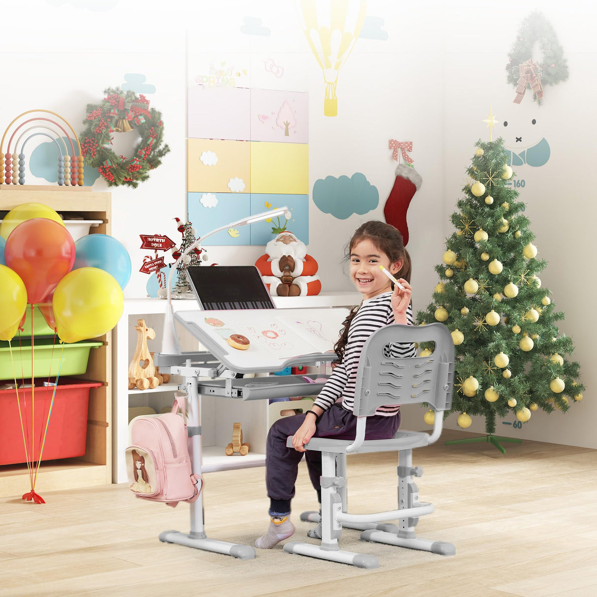 Height Adjustable Desk and Chair, Childs School Student Sturdy Table Grey