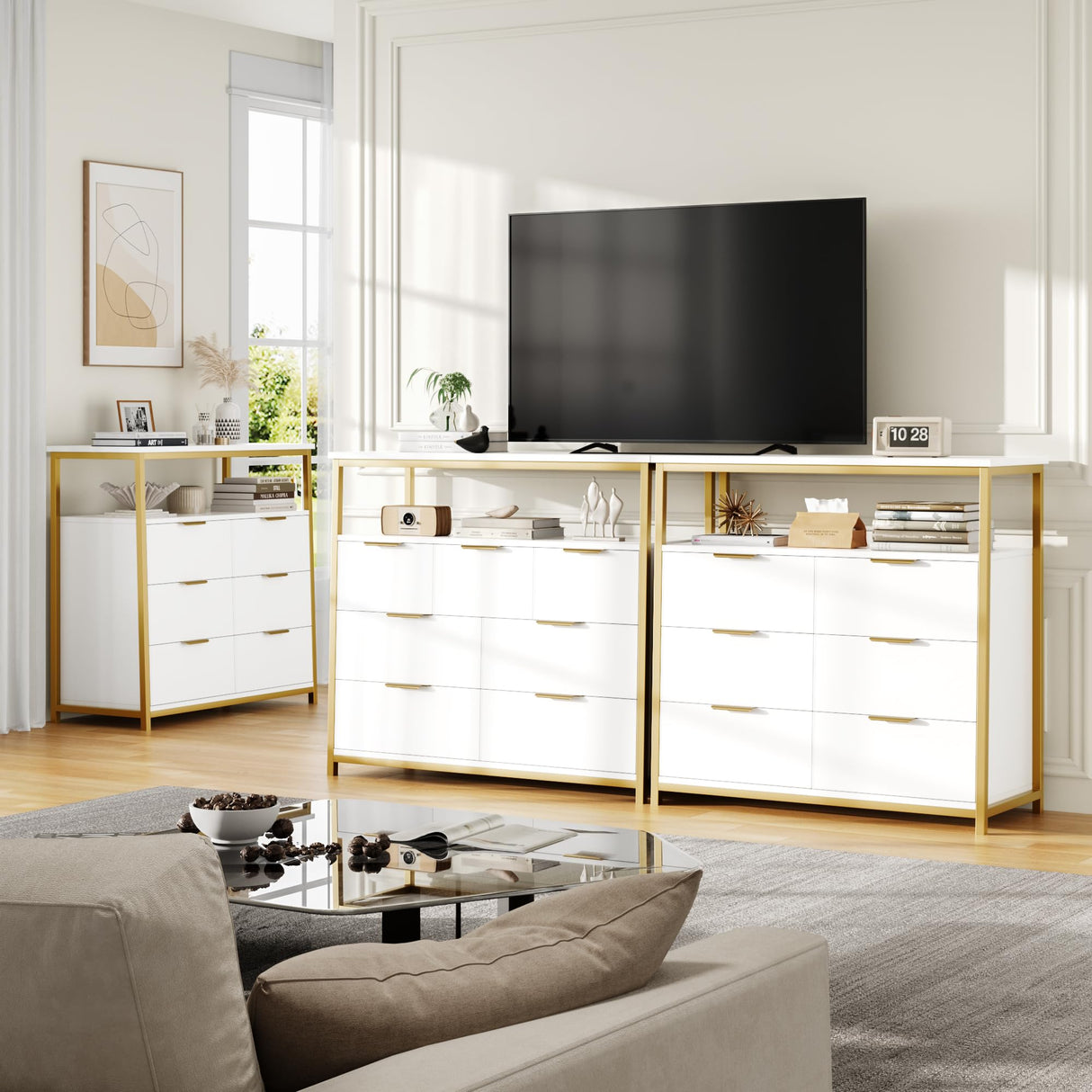 Modern White Dresser, 6 Drawer Dresser with Shelf, Wood Chest of Drawers with Sturdy