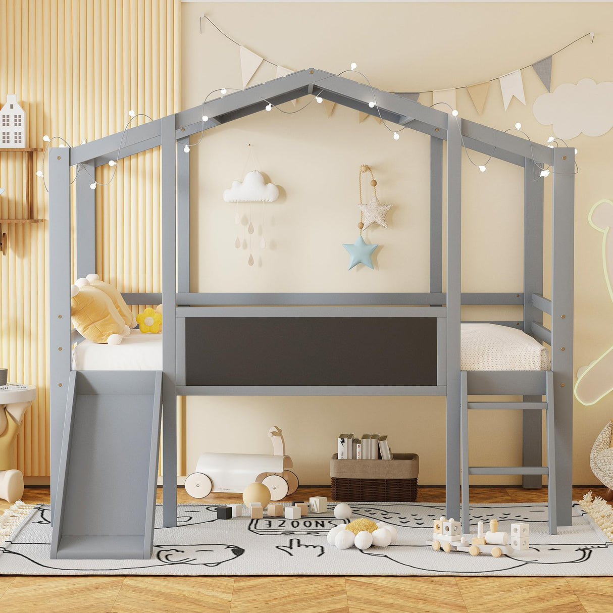 Kids House Loft Bed with Slide, Twin Size Low Loft Bed with LED Lights & Blackboard