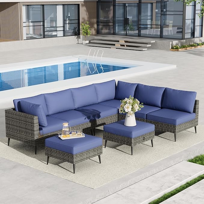 7 Pieces Outdoor Patio Furniture Set, Wicker Sectional Sofa Set for All-Weather
