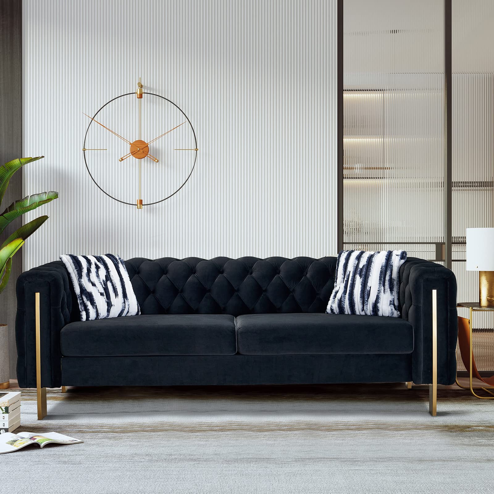 Modern Velvet Sofa – 84” Tufted Couch with Pillows & Metal Legs