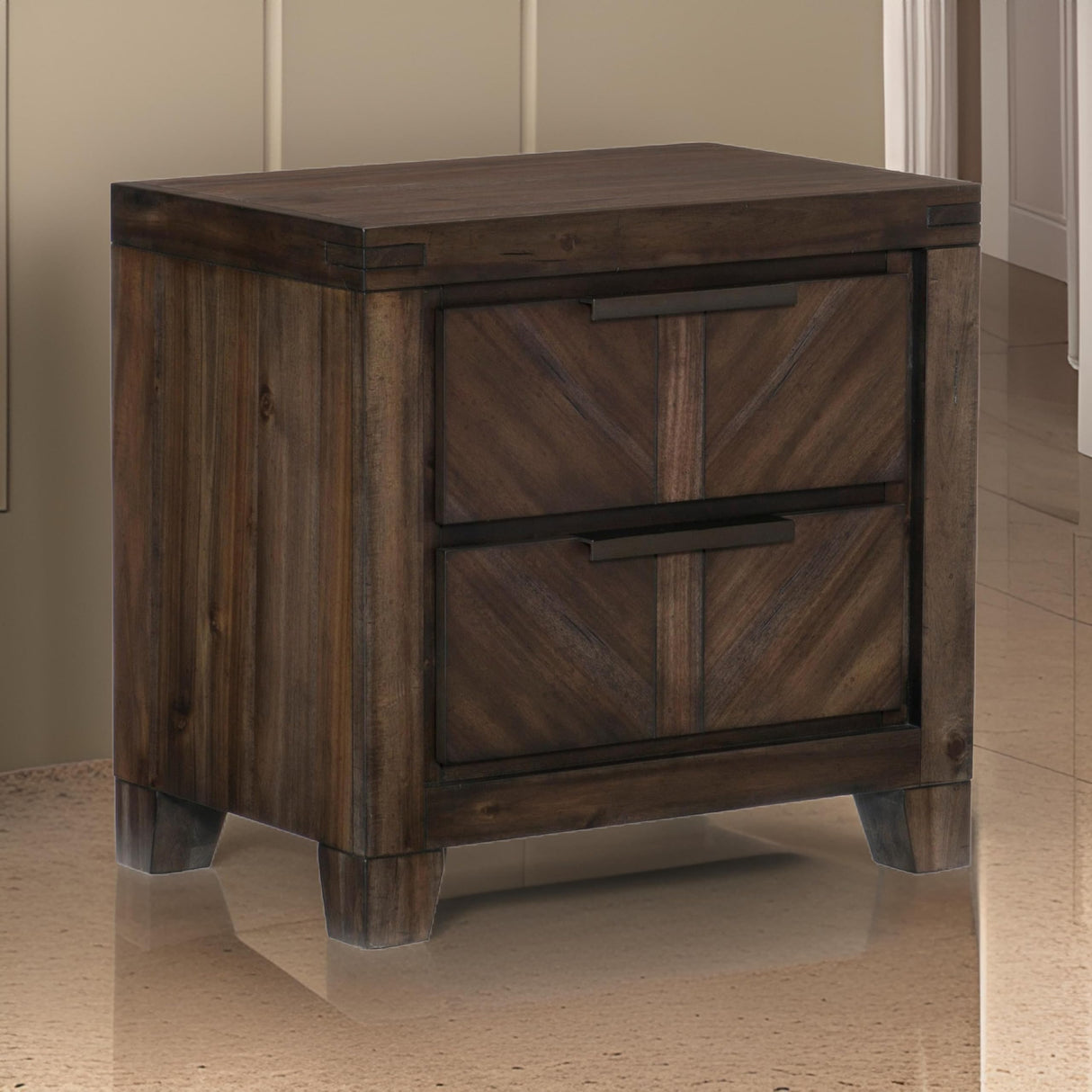 2 Drawer Wooden Nightstand with Antique Handles and Chamfered Feet, Brown