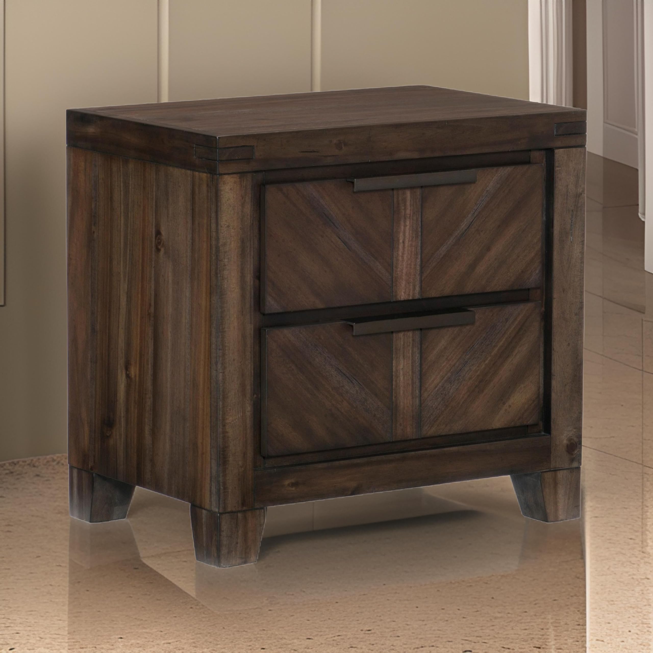 2 Drawer Wooden Nightstand with Antique Handles and Chamfered Feet, Brown