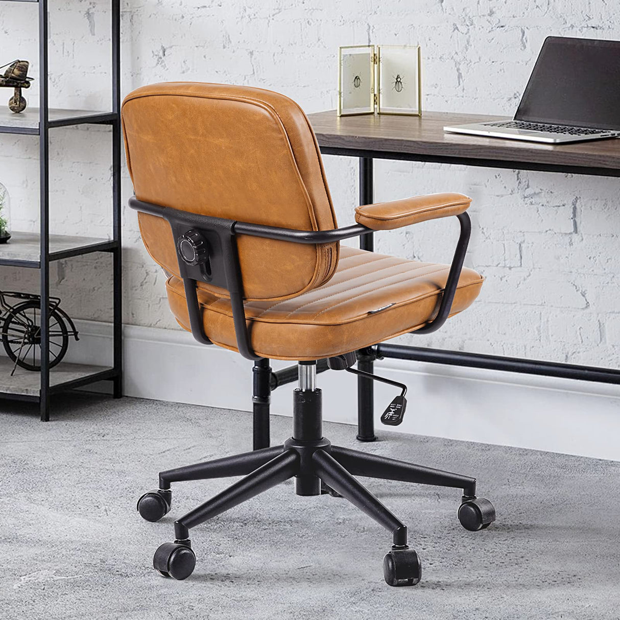 Mid-Century Leather Office Chair with Wheels & Adjustable Height