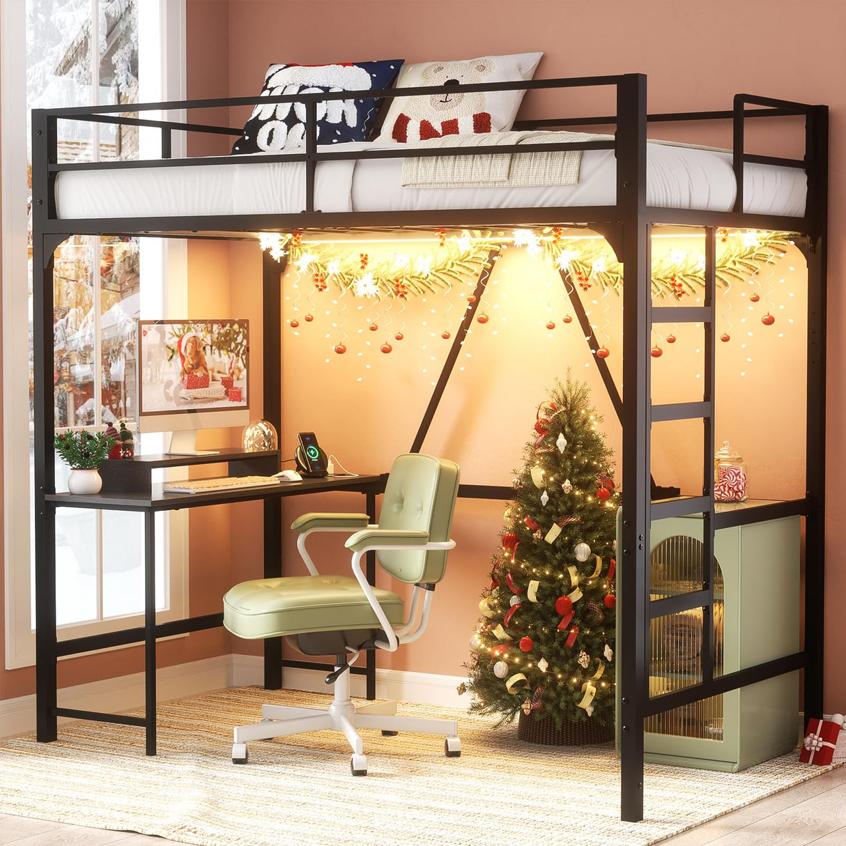 Loft Bed Twin Size with Desk and Power Outlet, Metal Bunk Bed with Desk Underneath with LED Lights, Bunkbed with Loft, Junior Twin Loft Bed with Safety Guard, Black