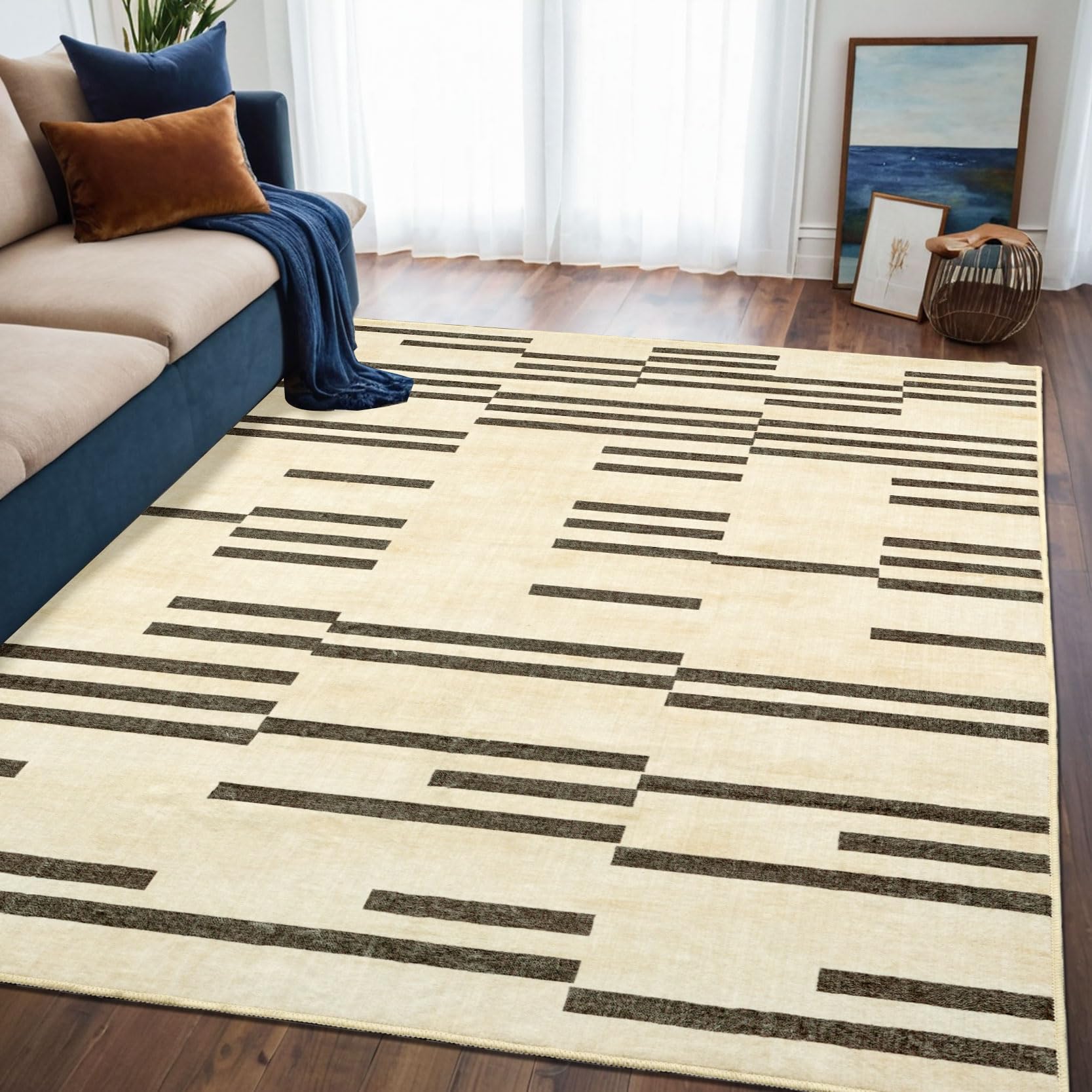 TTelephant Modern Machine Washable Area Rug 5x7, Spill-Proof Surface, Non-Slip Backing, Cozy Soft Faux Wool, Indoor Throw Rug, Living Room Rugs 5x7, Bedroom Rugs, Dining Room Rugs - Miro