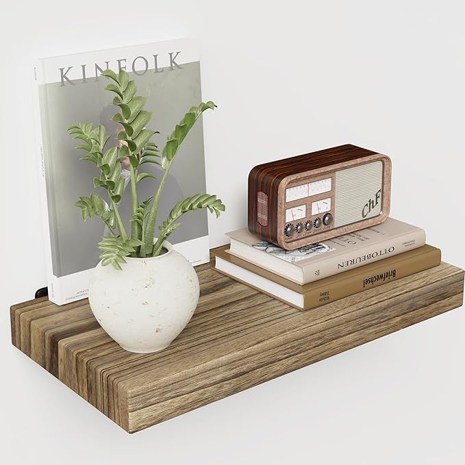 36 Inch Oak Floating Shelves - 10 Inch Deep, Rustic Wood Live Edge, Heavy Duty for Wall