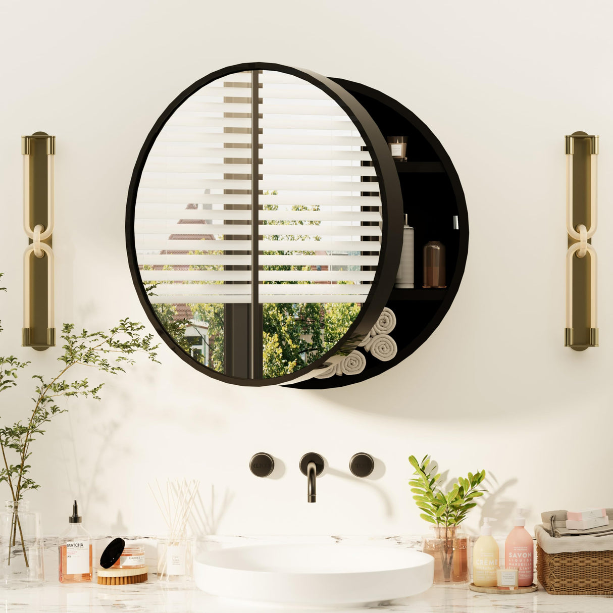 Round Medicine Cabinet Mirror, Bathroom Mirror Wall Cabinet with Storage and Shelf
