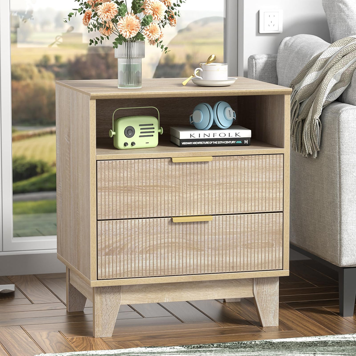 Fluted Nightstand with 2 Drawers