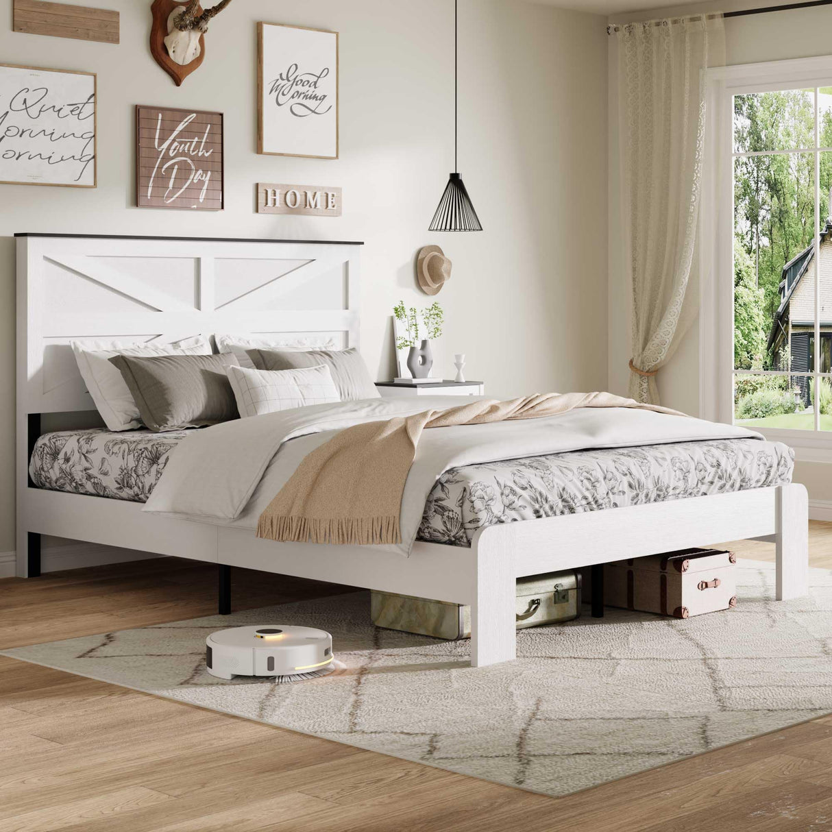 Queen Size Farmhouse Wooden Bed Frame with Headboard - White