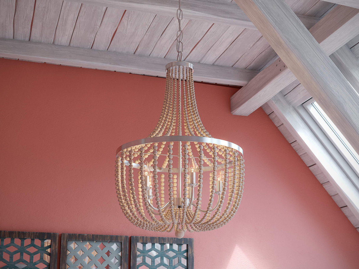93132BS Dumas 5 Light Wood Bead Chandelier with White Finish, Casual Style, 32" Height