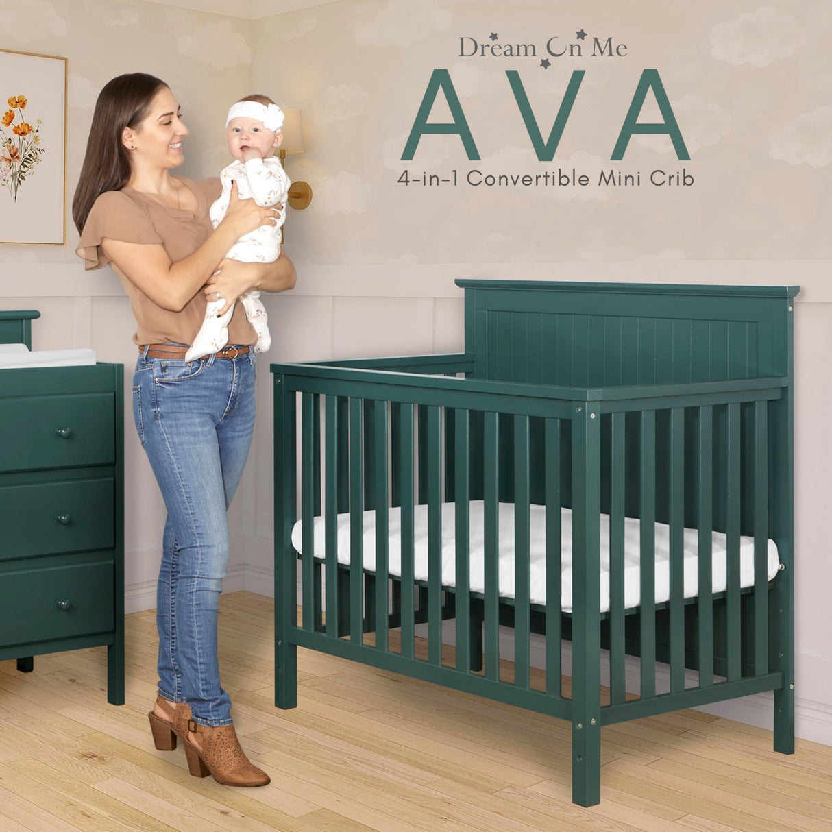 Ava 4-in-1 Convertible Mini Crib in Olive, Greenguard Gold Certified, Non-Toxic Finish