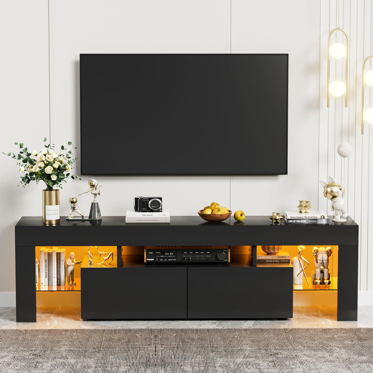Modern Black LED TV Stand for 70-Inch Televisions with RGB Lighting