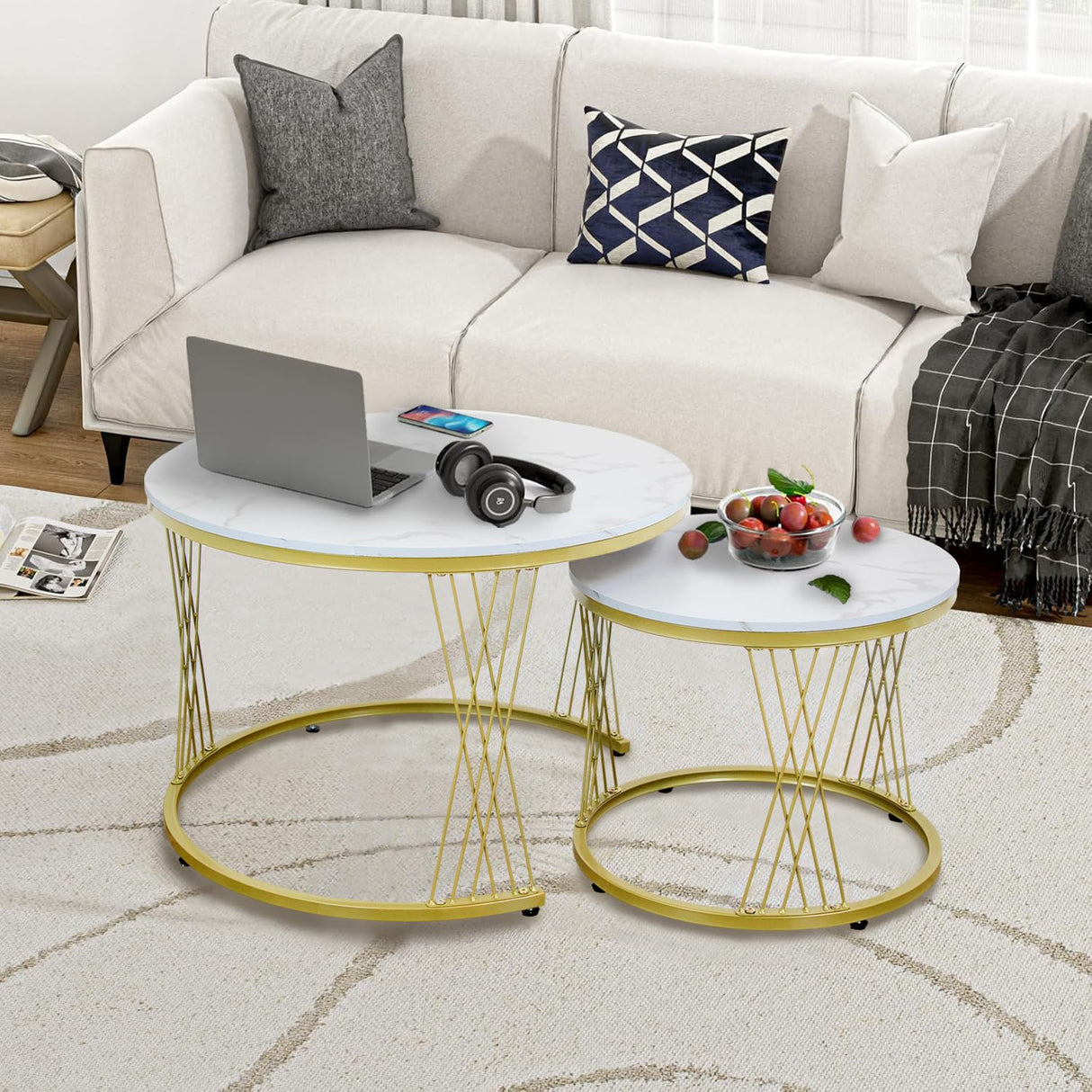 Nesting Coffee Table Set of 2, Round Side Tables for Living Room, Apartment (Gold)