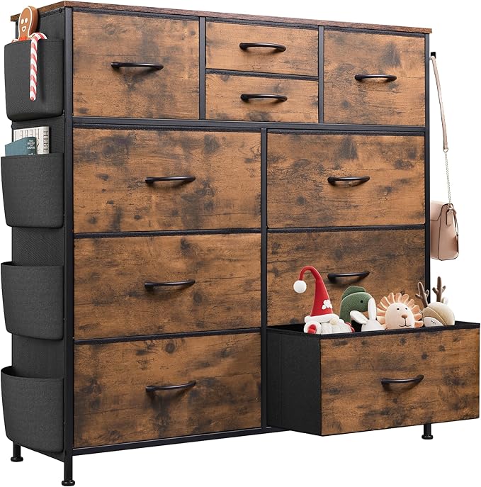 Dresser for Bedroom with 10 Drawers, Fabric Dresser Chest of Drawers with Side Pockets