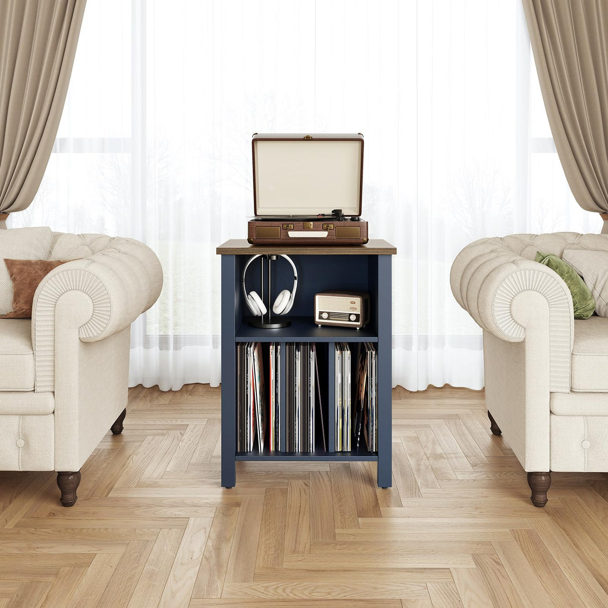 Record Player Stand, Vinyl Record Storage Table End Table with Display Shelf Holds up to 130 Albums