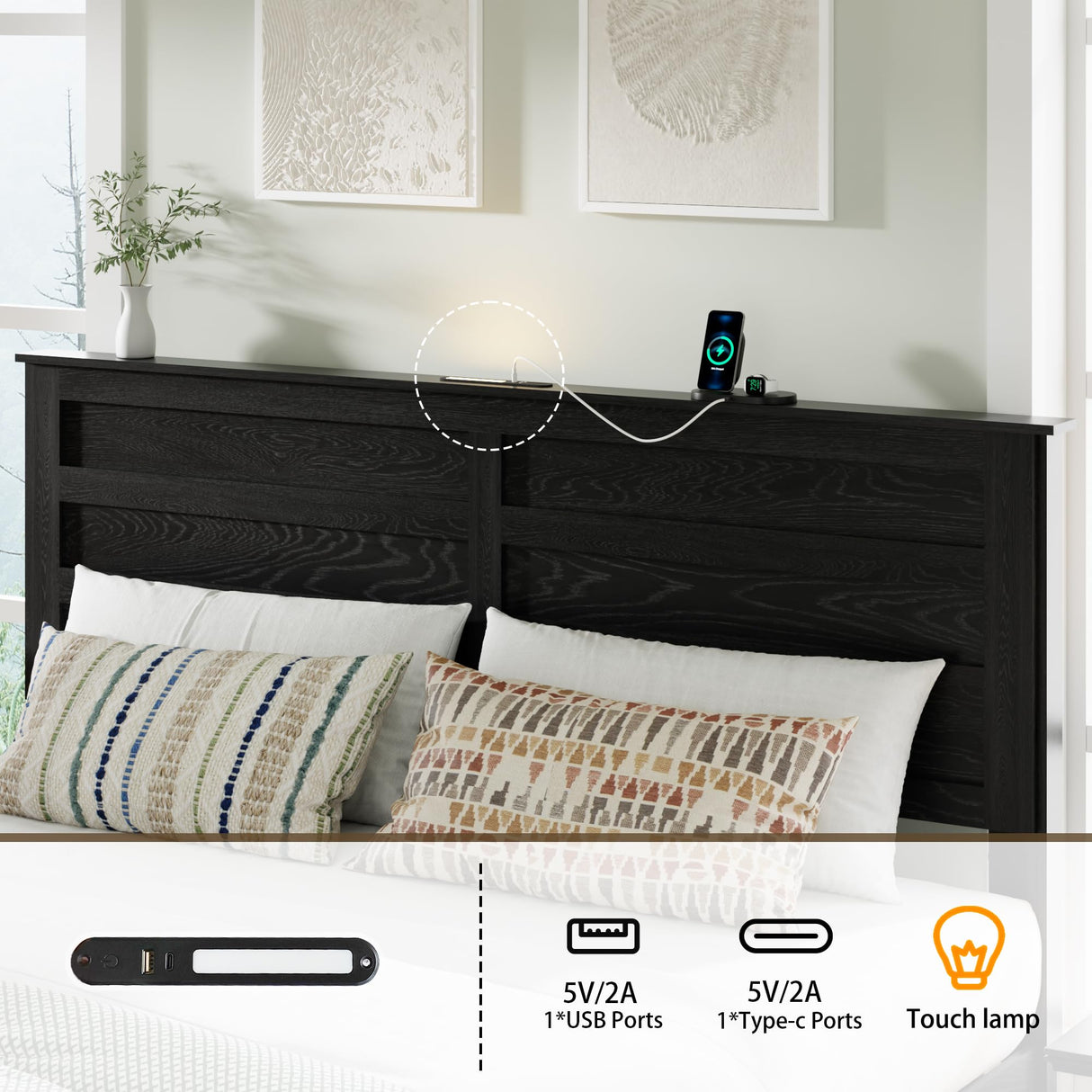 Queen Bed Frame with Wood Headboard & Charging Station