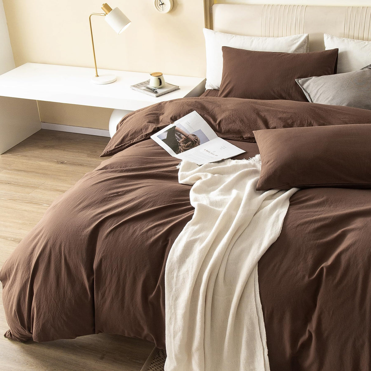 Durable Linen Feel Bedding for All Seasons King, Solid Chocolate Brown