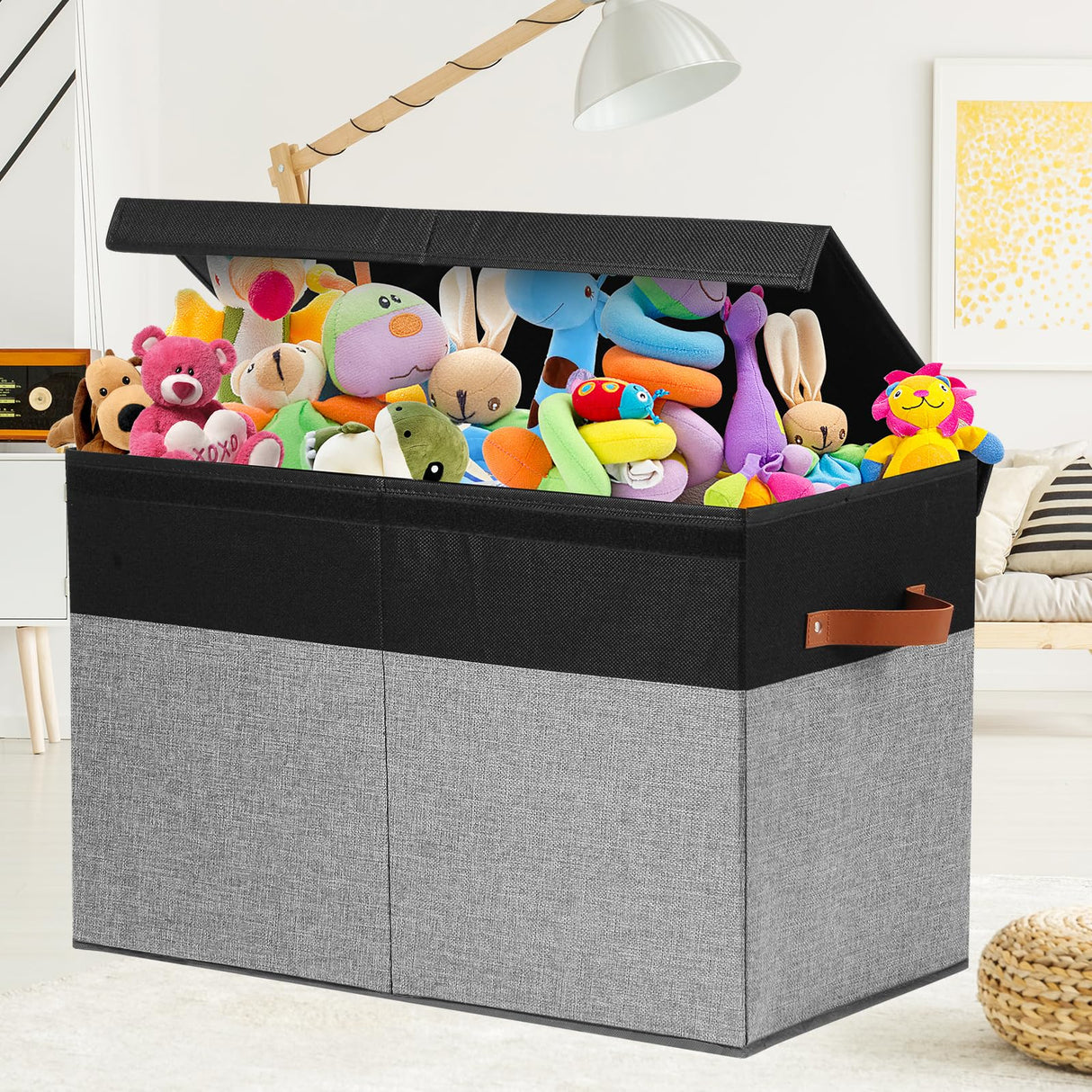 Large Toy Storage Box with Lid, Sturdy Toys Storage Chest Bin Organizer Basket with Dividers for Kids, Boys, Girls, Nursery, Closet, Bedroom, Playroom 25"x13" x16" (Black and Grey)
