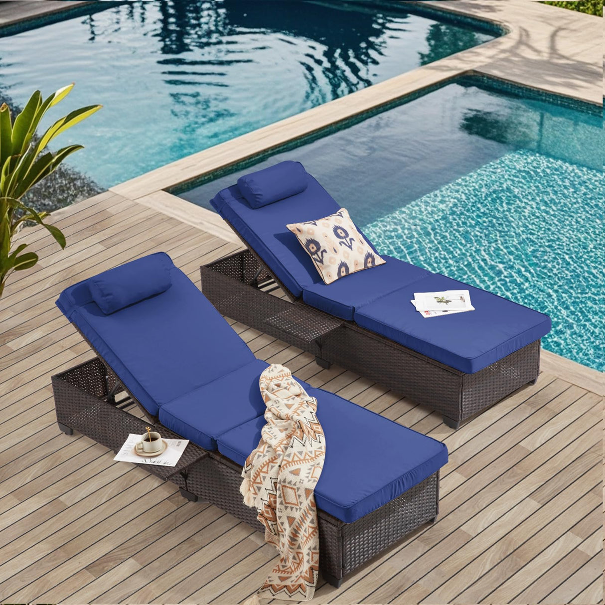 Yalissey Outdoor Lounge Chairs, Pool Lounge Chairs Set of 2, Outdoor Chaise Lounge with Adjustable Backrest & Cup Holder,Blue