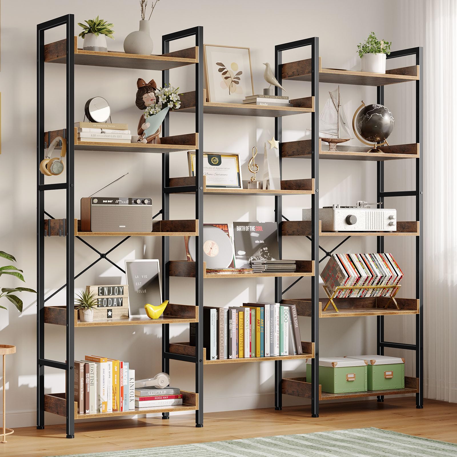 Bookshelf 5 Tiers with 4 Hooks, Triple Bookcase with Open Display Shelves