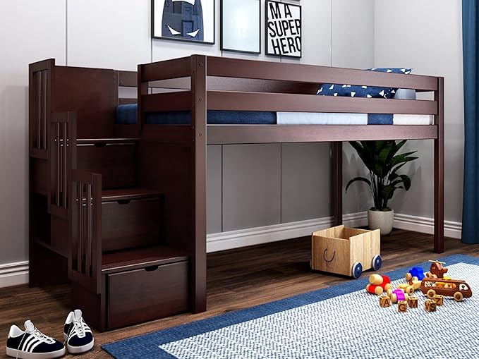 Contemporary Low Loft Twin Bed with a 3 Drawer Stairway, Blue
