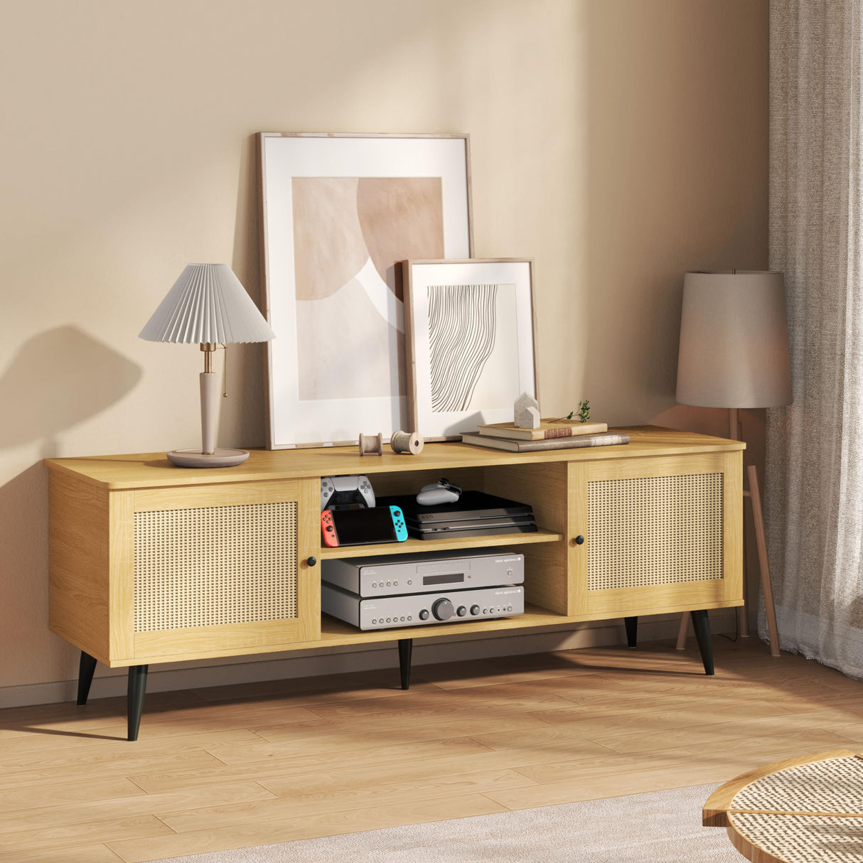 TV Stand for Living Room, for 55 Inch TV, Rattan Entertainment Center with 2 Cabinets,