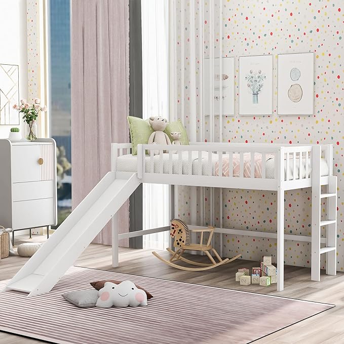 Twin Loft Bed with Slide,Wood Loft Bed Low Profile